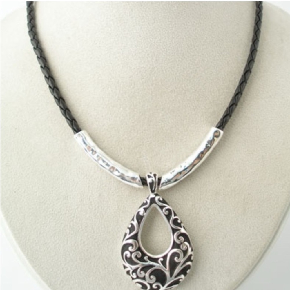 Silver Filigree Teardrop Pendant Necklace - Black Cord